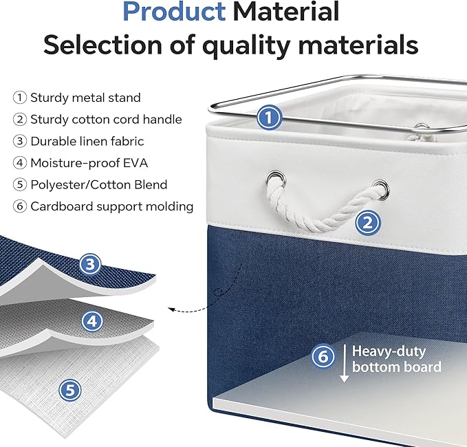 13x13 Inch Cube Storage Bins with Reinforced Bottom Cardboard, 6 Pack Large Foldable Fabric Storage Cubes with Handles for Shelf, Closet, Laundry Organization (White&Navy Blue)