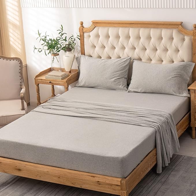 PURE ERA Jersey Knit 4pc Bed Sheet Set 100% T-Shirt Heather Cotton Super Soft Comfy Breathable Fits Mattress Up to 20" Extra Deep Pocket (Heather Light Grey, King)