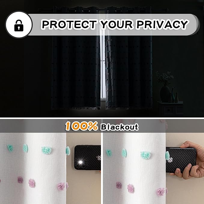 MYSKY HOME Total Blackout Curtains for Kids Bedroom 80 Inch Long 100% Light Blocking Curtains for Living Room 2 Panels Room Darkening Grommet Double Layer Drapes with Rainbow Pom Pom Sheer 52W x 80L
