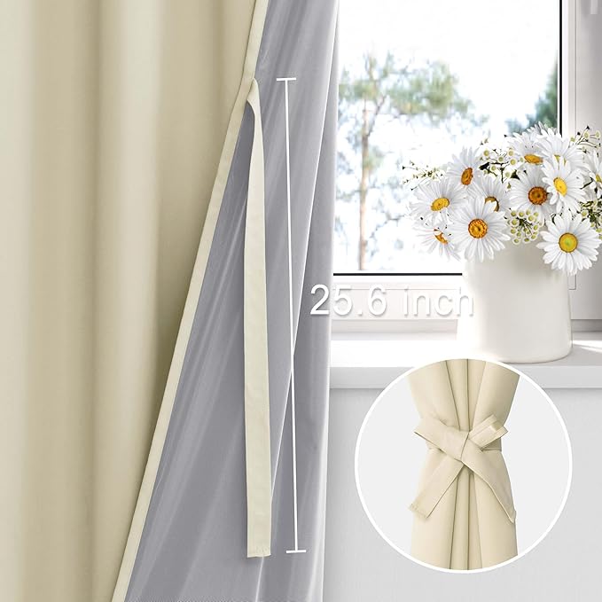 XWZO 100% Blackout Curtain Panels - Thermal Insulated Black Liner Curtains, Noise Reducing and Heat Blocking Drapes for Hall and Studio Windows with Tiebacks, Beige, W70 x L84, Set of 2