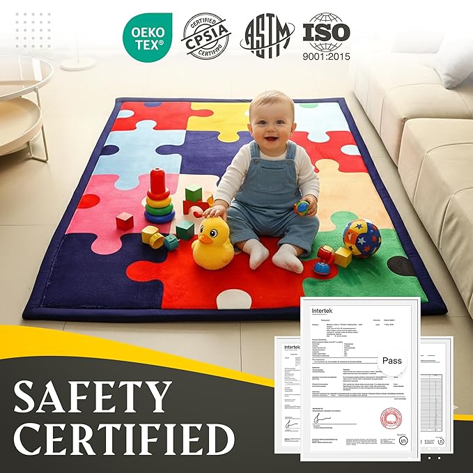 Puzzle Baby PlayMat Rug Extra Thick 3.5CM | Cloudsoft Coral Velvet Crawl Memory Foam Floor Mat | Anti-Spill | Anti-Slip | Toddlers Infants Kids Children | 60"x80" | Tummy Time | Padded Yoga Rug