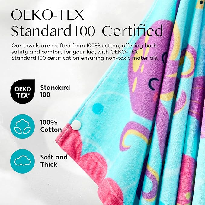 Joiedomi Mermaid Hooded Towels for Kids Soft 100% Cotton Kids Beach Towel 30" x 50" for 3-10 Years Boy Girl Beach Hooded Poncho Absorbent Pool Toddler Swim Bath Wrap