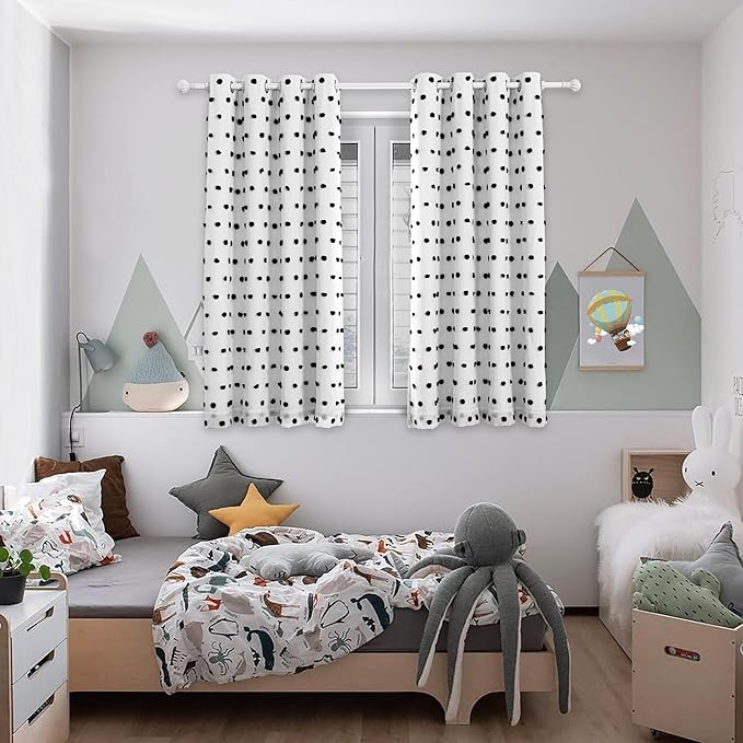 MYSKY HOME Blackout Curtains for Kids Bedroom 100% Light Block Out Thermal Insulated Curtain 63 Inches Grommet Room Darkening Curtains Privacy Window Drapes with Black Pom Pom Sheers，2 PCS, 52" x 63"