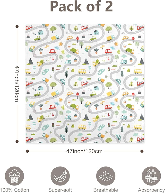 2-Pack 100% Cotton Muslin Swaddle Blankets, Large 47 x 47 Inches — Breathable Soft Receiving Blankets for Newborns, Swaddling Wraps, Baby Essentials, Registry Gift (Worksite Vehicle Set)