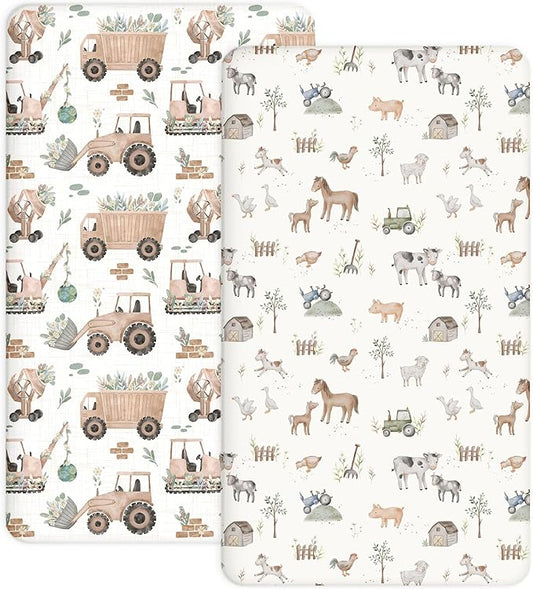 Pack and Play Sheets 2 Pack, Fitted Jersey Knit Mini Crib Sheets for Baby Boys and Girls, Compatible with Graco Pack N Play and Mini Crib Mattress (Little Farm, Pack N Play/Mini Crib Sheets)