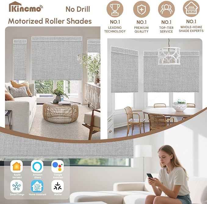 Kincmo No Drill Motorized Blinds with Remote, 100% Blackout Roller Shades for Windows, Custom Electric Blinds Compatible with Alexa, Apple Homekit, Google Home (100% Blackout Dual Sided Grey)