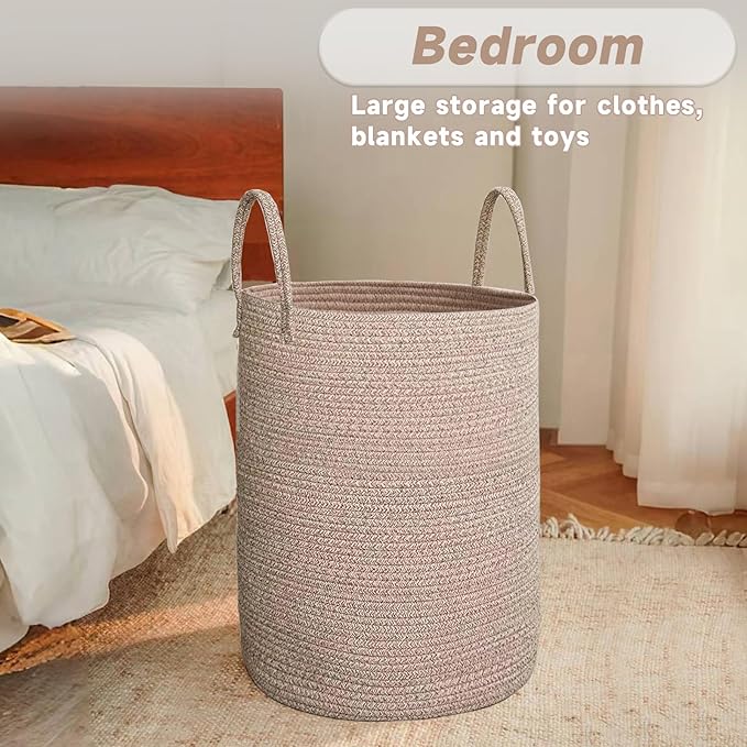 Large Woven Laundry Basket Hamper,80L Cotton Rope Storage Bin for Blankets,Toys and Clothes,Decorative Tall Nursery Hamper for Living Room,Baby Nursery,Bathroom and Bedroom,Oatmeal