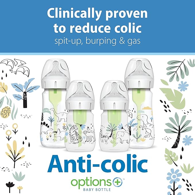 Dr. Brown's Anti-Colic Options + Wide-Neck Baby Bottle Designer Edition, Jungle, 5 oz/150 mL + Dino, 9oz/270mL, with Level 1 Slow Flow Nipple, BPA-Free, 0m+, 4-Pack