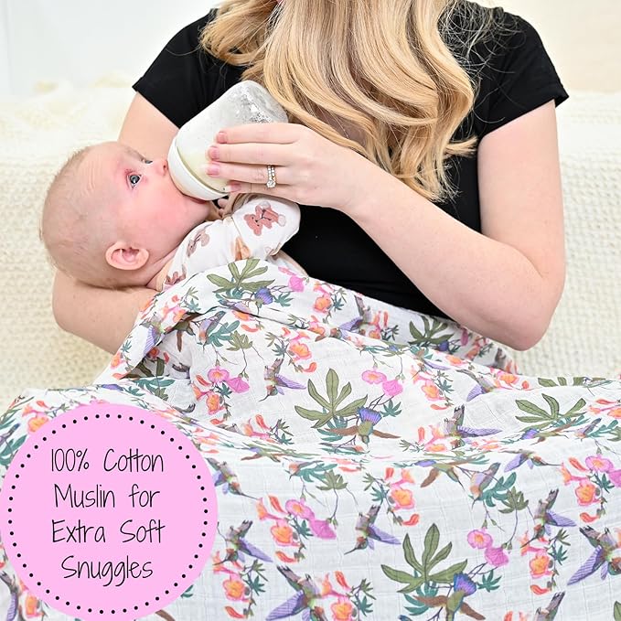 LollyBanks Baby Swaddle Blanket, 100% Cotton Muslin Blankets for Girls, 47 x 47 Inches Soft and Breathable Swaddles for Newborn, Gentle Baby Wrap Swaddle, Registry (Hummingbird Print)