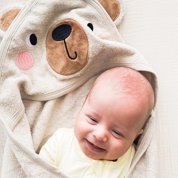 CuddleBug Premium Hooded Baby Bath Towel & Washcloth Set (Bear) - 100% Cotton Terrycloth Hooded Baby Towels for Newborn & Toddler, Super-Soft & Absorbent, Newborn Essentials (30" x 30") - Honey Beige