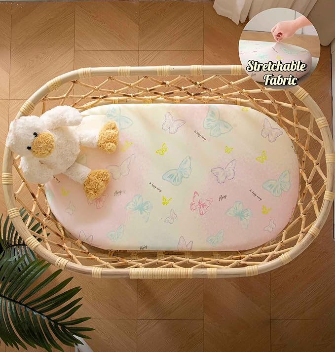 Jersey Butterfly Bassinet Sheets for Baby Girls,32 "x 16 "x 4", 2 Pack,Pink Cute Kawaii Standard Oval/Retangle Fitted Bassinet Sheets for Toddler,Super Soft Breathable