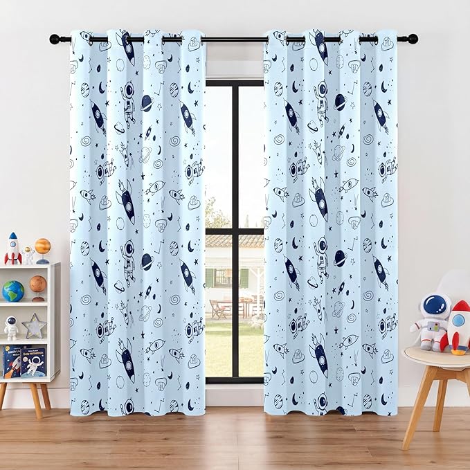 Kids Space Rocket and Astronaut Blackout Curtains - 100% Blackout, Thermal Insulated, Noise Reducing, Perfect for Kids Room and Nursery, 2 Panels (Sky-Blue Space Doodles, W52×L84)