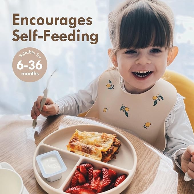 Moonkie Suction Plates for Baby | 100% Silicone BPA-Free Baby Plates with Lids and Food Cover | Divided Design | Microwave and Dishwasher Safe | Toddler Plates 2 Pack