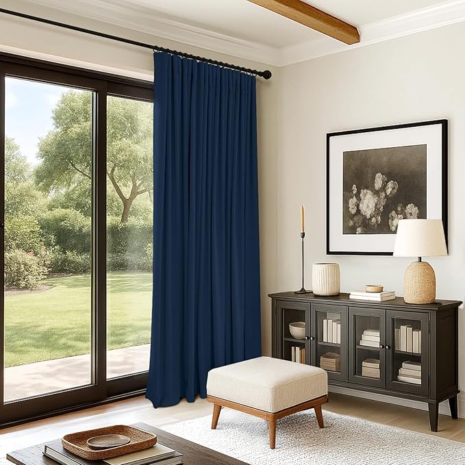 INOVADAY 100% Blackout Curtains for Bedroom, Black Out Curtains 84 Inch Long, Clip Rings Linen Blackout Drapes, Thermal Insulated Room Darkening for Living Room, 1 Panel - Midnight Blue,W102xL84