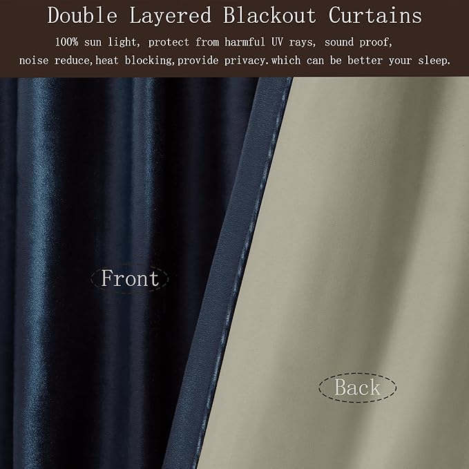 100% Full Blackout Navy Blue Velvet Curtains 102 inch Long for Living Room,Set of 2 Panels Liner Rod Pocket Back Tab Thermal Window Curtains Room Darkening Heavy Decorative Drapes for Bedroom