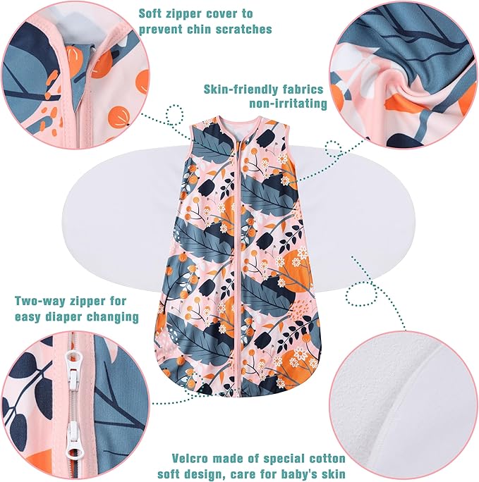 BSTOPPT Newborn Sleep Sack Baby Swaddle,3-Way Adjustable Wearable Blanket,100% Rayon Cotton Swaddling Sleeping Bag，TOG 0.5 (Gerbera & Tulips, 0-3 Months)