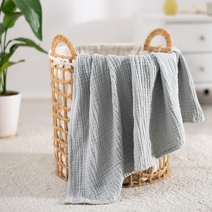 Carriediosa 100% Cotton Muslin Throw Blanket 66" X 90" Twin XL Size，4-Layers Summer Gauze Throws for Bed Couch，Soft Lightweight Breathable Linen Blankets Bedspread for Adults All Season，Grey