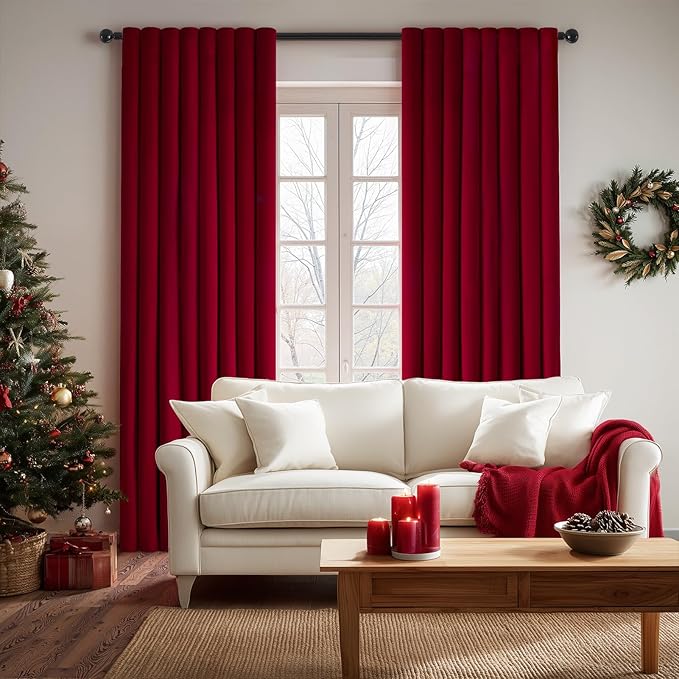 Topfinel 96 Inch Long Red Velvet Blackout Curtains 2 Panels Elegant Christmas Decorctive Heavy Room Darkening Soundproof Thermal Grommet Drapes for Living Room Bedroom Winter Holiday Decor,Set of 2