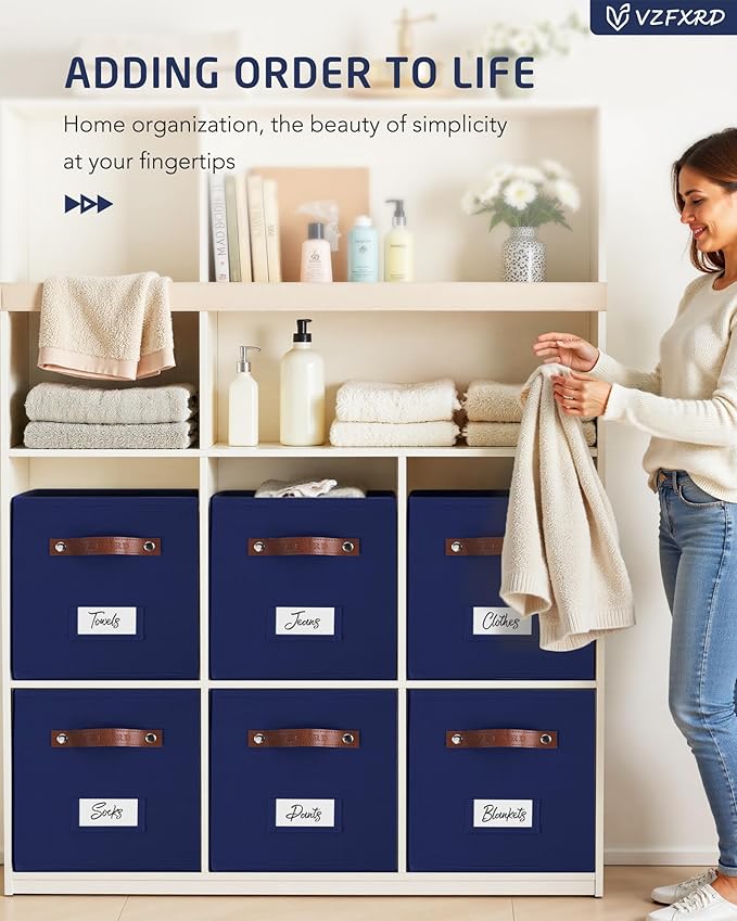 10.5 Inch Storage Cubes with Labels, 6-Pack Non-Woven Fabric Bins with Handles, Foldable Organizer for Closet, Shelf, Bedroom, Home Organization (Blue)