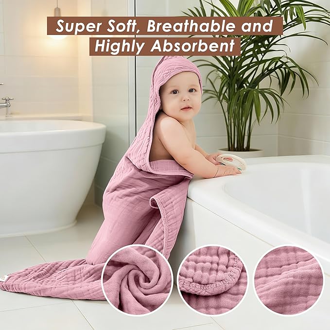 3-Pack Muslin Hooded Baby Towels, 100% Cotton, Ultra-Soft & Absorbent Baby Bath Towels with Hood for Babies, Infant, Toddler and Newbron (Pink and Sakura Series,32" x 32")