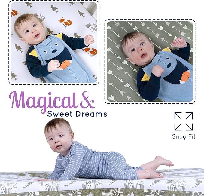 Fitted Unisex Crib Sheets (3 Pack) by GROW WILD - Jersey Knit Cotton Crib Sheets for Boys or Girls, 52” x 28” x 9” Crib Bedding Set (Forest Fun)