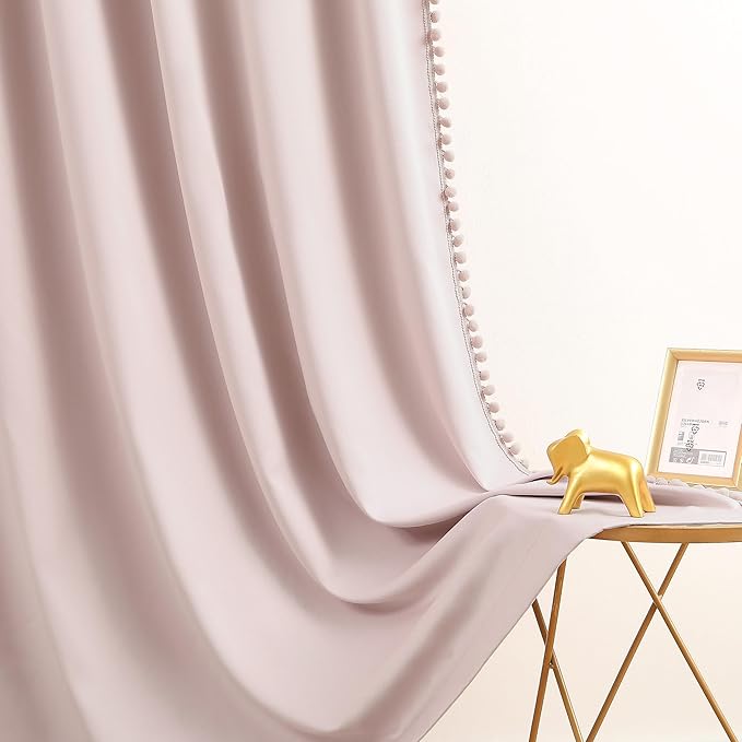 Treatmentex Pink Pom Poms Blackout-Curtains 95 inch Bedroom Window Curtains for Living Room Triple Weave Half Blackout Window Curtains for Hotel Guest Room Drapes 52" w x2 Panels Rod Pocket