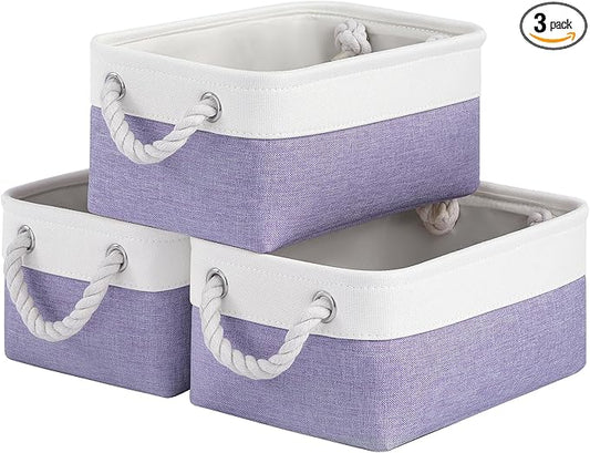Storage Baskets for Shelves 11.8x7.9x5.2 Inch, Foldable Fabric Storage Bins with Handles, Small Storage Baskets for Organizing Closet, Office, Home Organization (3-Pack, White&Purple)