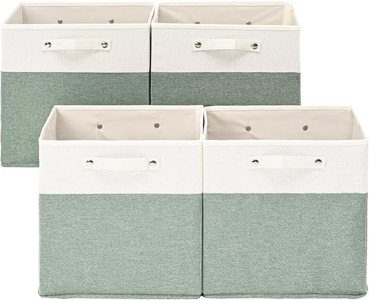 13 x 13 Inch Fine Linen Storage Bins with Handles，Fabric Cube Boxs，Basket Organizers for Shelves for Home, Closet Drawers (White/Green-4 Pack )