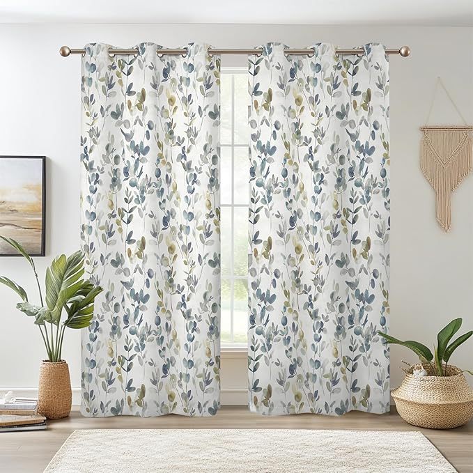 Renaiss Botanical Herbs Blackout Curtains, Vintage Eucalyptus Leaf Thermal Insulated Bedroom Window Curtains, Classical Gray Plants Window Curtains for Kitchen, 45" L x 29" W 2 Panel Set