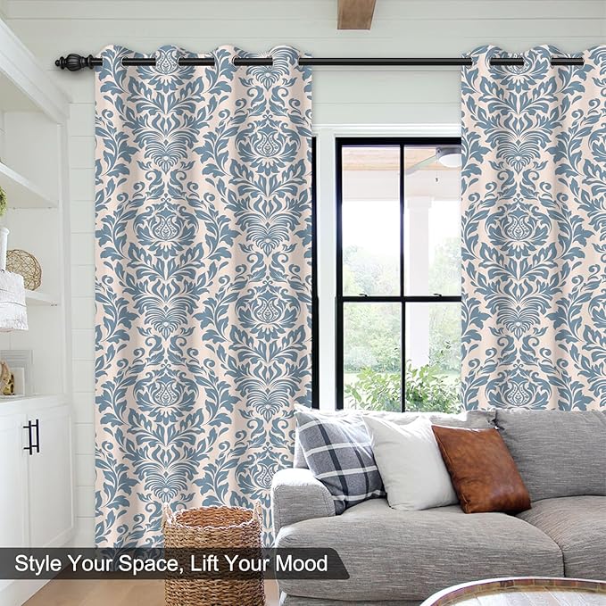 Bedroom Curtains 84 Inches Long, Blackout Curtains for Living Room Darkening, Vintage Damask Pattern Blue Curtain 2 Panels Set, Grommet Thermal Privacy Black Out Window Drapes for Bedroom Nursery