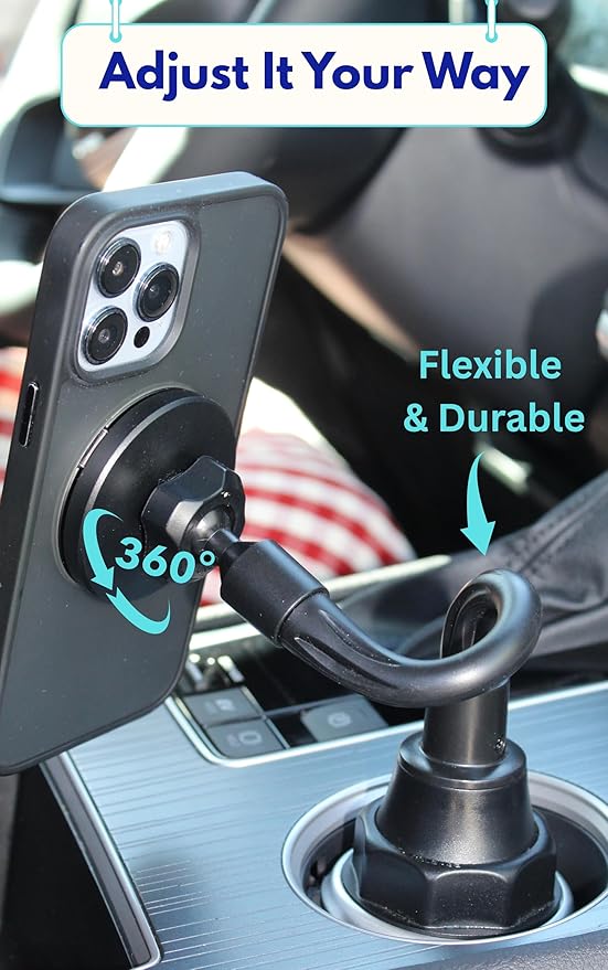 Cup Holder Phone Mount for Car, Magnetic – Designed for MagSafe, Secure Magnetic Hold, Stable Expandable Base, Flexible Reinforced Gooseneck, Compatible with iPhone, Galaxy, Pixel [Not Charger]