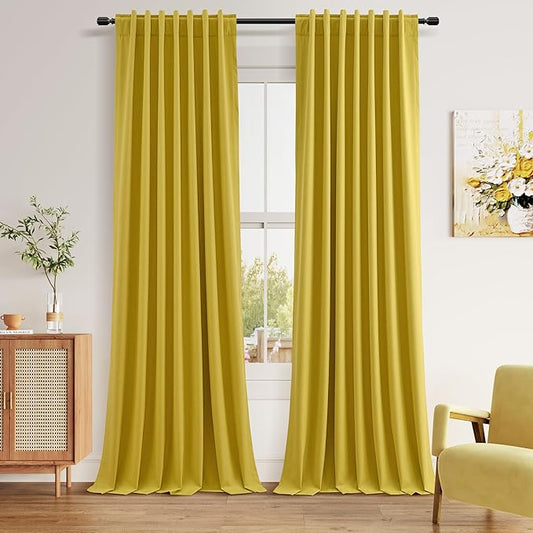 Guken 100% Blackout Curtains 120 Inch Length 2 Panels Set for Living Room Bedroom Back Tab Thermal Insulated Black Out Linen Drapes Room Darkening Celery Yellow,52x120