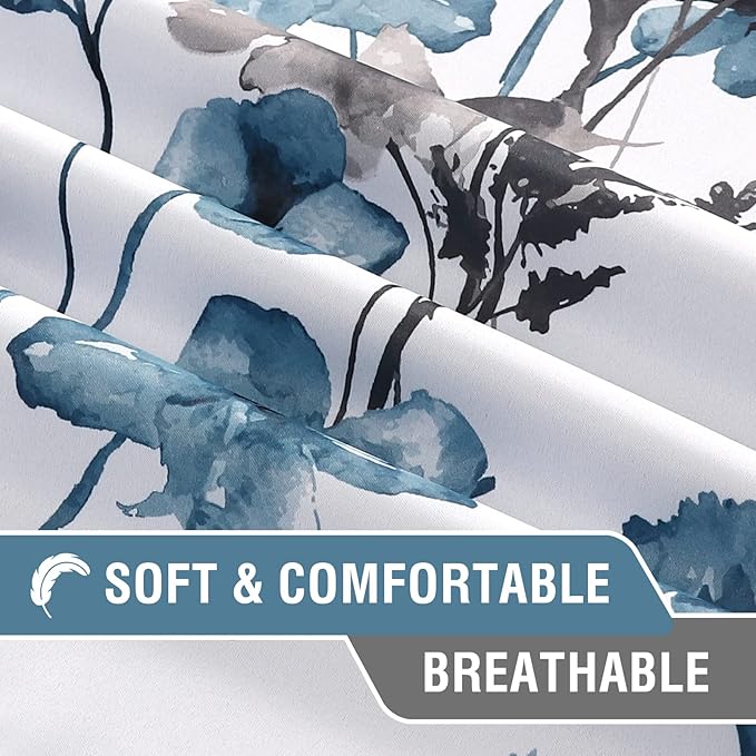 H.VERSAILTEX 100% Blackout Curtains 96 inch Length 2 Panels Set Cattleya Floral Printed Drapes Leah Floral Thermal Curtains for Bedroom with Black Liner Sound Proof Curtains, Grey and Blue