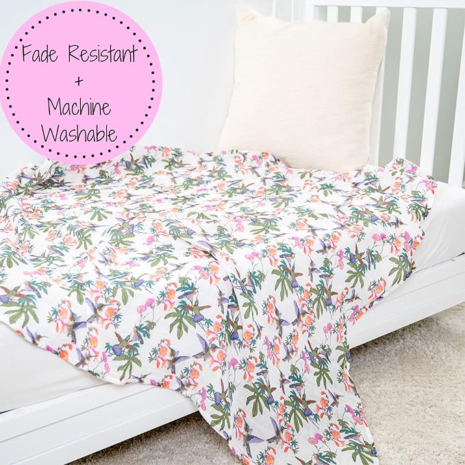 LollyBanks Baby Swaddle Blanket, 100% Cotton Muslin Blankets for Girls, 47 x 47 Inches Soft and Breathable Swaddles for Newborn, Gentle Baby Wrap Swaddle, Registry (Hummingbird Print)