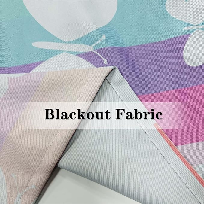 Rainbow Butterfly Blackout Curtains W52 x L84 Inch Grommet Room Darkening Window Drapes Girls Kids White Butterflies on Colorful Stripes Print Pattern for Living Room Bedroom 2 Panels