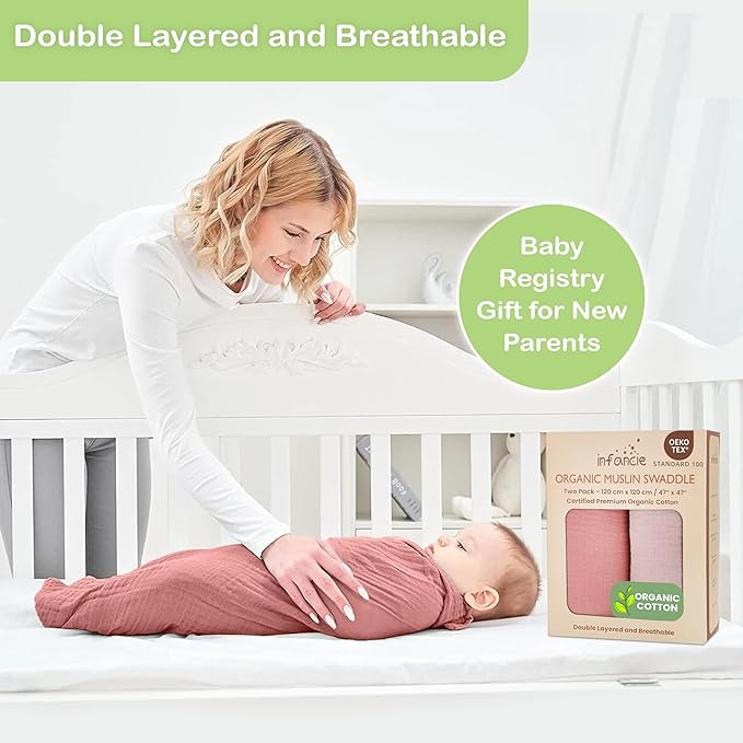 100% Organic Cotton Muslin Baby Blanket - 47 x 47 Inch Breathable Muslin Baby Girl Blanket, Hypoallergenic Double-Layer, Soft and Cozy Newborn Baby Blanket for Everyday Use (Rose/Peach)