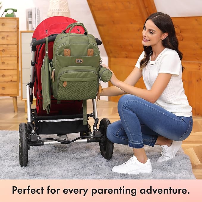 Dikaslon Diaper Bag Backpack with Portable Changing Pad, Pacifier Case and Stroller Straps, Large Unisex Baby Bags for Boys Girls, Multipurpose Travel Back Pack Moms Dads, Green