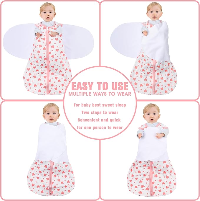 BSTOPPT Newborn Sleep Sack Baby Swaddle,3-6 Months,3-Way Adjustable Wearable Blanket,100% Rayon Cotton Swaddling Sleeping Bag，TOG 0.5（Heart&Floral）