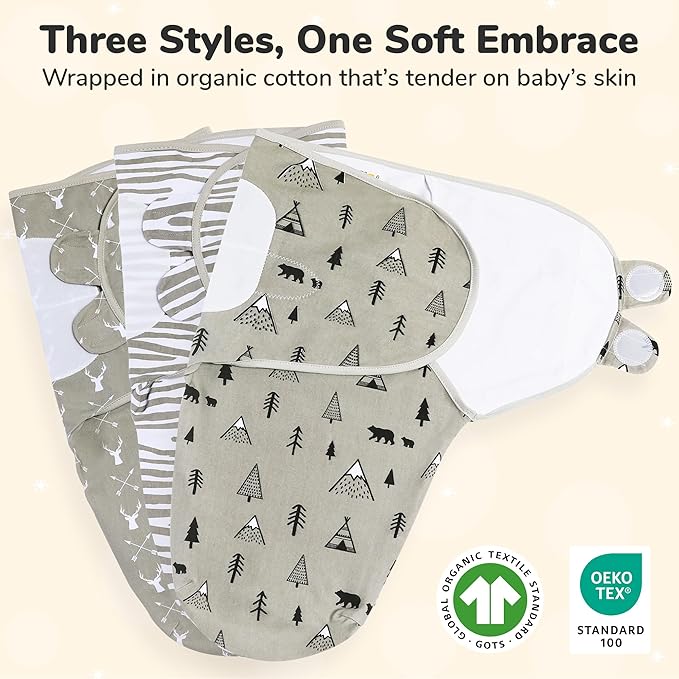 Mama Cheetah Organic Baby Swaddle Blankets 3 Pack, Easy to Use Adjustable Swaddling Swaddles for 0-3 Months Boy Girl Newborn Essentials, Grey