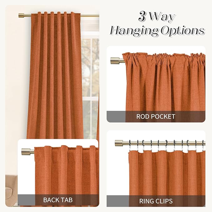 Burnt Orange 100% Blackout Curtains 63 inches Length Long, Thermal Insulated Drapes Rod Pocket/Back Tab/Clip Rings Room Darkening for Living Room Bedroom 2 Panels Set 52x63 Terracotta