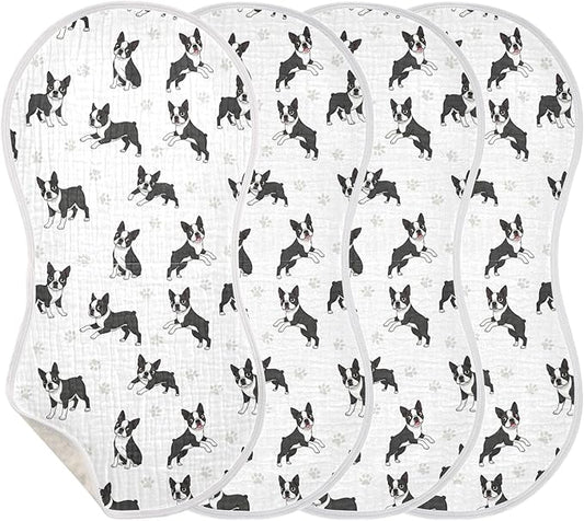 Qinllo 4 Pack Muslin Burp Cloths Boston Dogs Paw White Cotton Baby Burp Cloths Ultra Absorbent Soft Thick Burping Cloth for Newborn Babies 22x11 Inch
