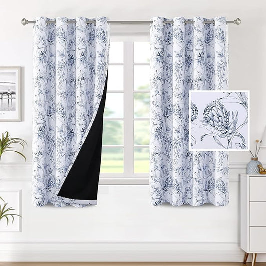H.VERSAILTEX 100% Blackout Curtains for Living Room Camellia Floral Blackout Curtains 63 Inches Long Light Blocking Window Treatment Curtains with Black Liner Grommet Thermal Drapes, 2 Panels, Navy