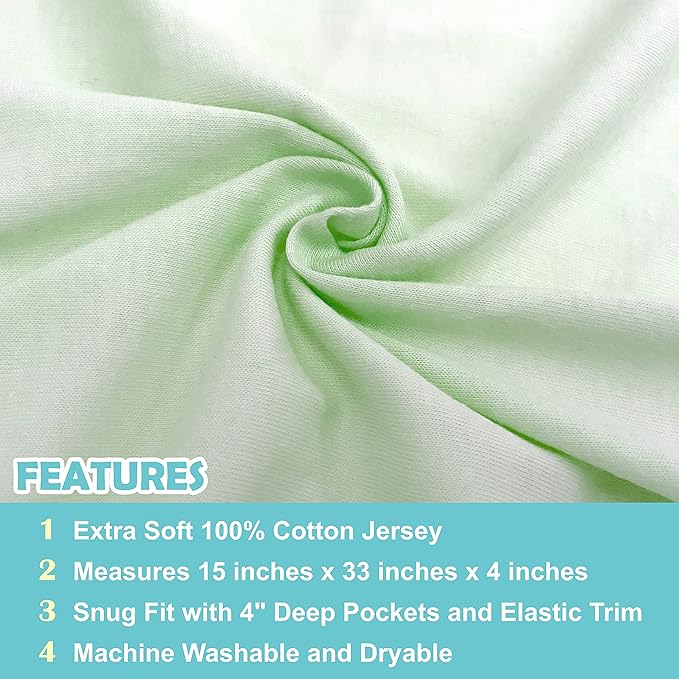 American Baby Company 15" x 33" Fitted Bassinet Sheet, 100% Natural Cotton Jersey Knit, Celery/Gray/White, Soft Breathable, for Boys and Girls, Pack of 3