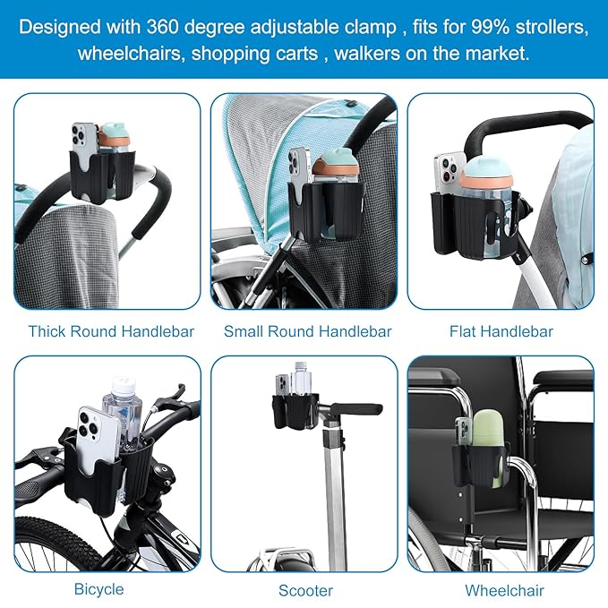 Accmor Universal Cup Holder, Stroller Cup Holder, 360° Rotatable Large Caliber Designed Bottle Phone Holder for Stroller, Bike, Wheelchair, Walker, Scooter