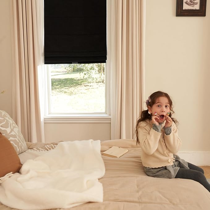 Blackout Roman Shades Cordless for Windows, Pull Down Window Shades Blinds with Heavy 430GSM Chenille & White Backing & Thermal Insulated & Hidden Cords, 42x48 Inches (Mottled Black)