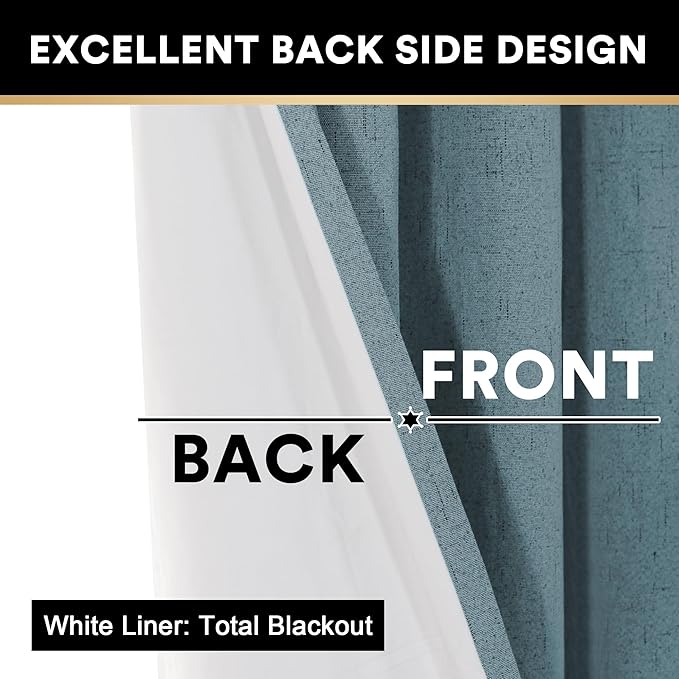 PrinceDeco 100% Blackout Linen Textured Curtains for Living Room Black Out Curtains 96 Inch Long 2 Panels Set Grommet Room Darkening Curtains & Drapes Boho Home Decor for Bedroom,52 X 96In,Stone Blue