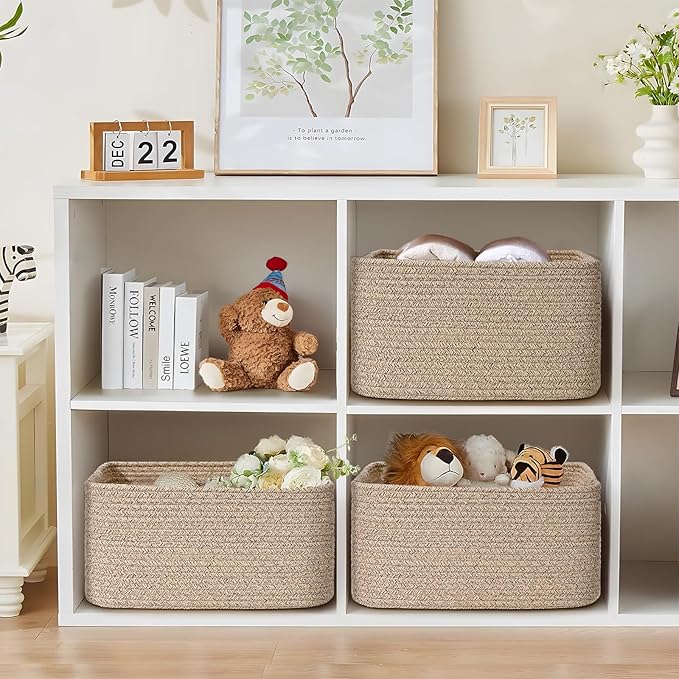 3 Pack Large Storage Basket for Organizing, 17.5"x13.5"x7.5" Woven Basket for Shelves, Closet Cube Storage Bins with Wrapped Handle, Cotton Rope Baskets for Kitchen, Clothes, Toys(Natural)