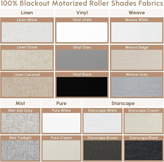 Kincmo No Drill Motorized Blinds with Remote, 100% Blackout Roller Shades for Windows, Custom Electric Blinds Compatible with Alexa, Apple Homekit, Google Home (100% Blackout - Fabric Samples)