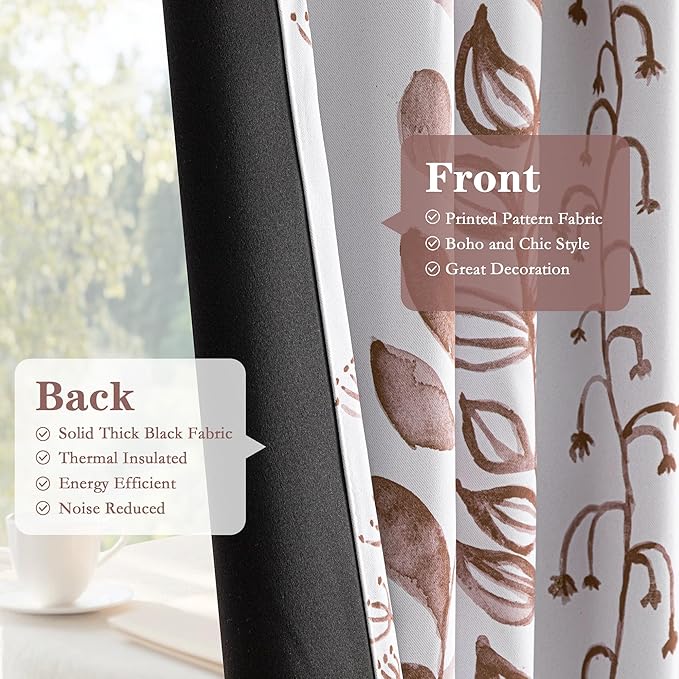 MEETSKY Boho Brown Blackout Curtains for Bedroom, Thermal Insulated Privacy Protection Back Tab Curtains 84 Inches Length for Living Room, Leaf Pattern, 2 Panels, 50" Wide Each