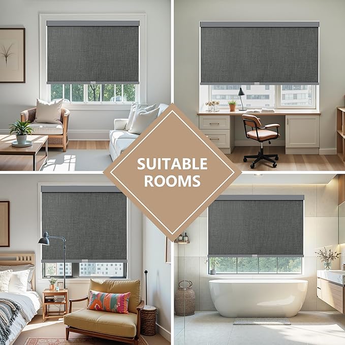 AOSKY Linen Roller Blinds Shades for Indoor Windows Pull Down Cordless Blackout Black Out Window Shade 36 Inch Blinds for Home Dark Grey